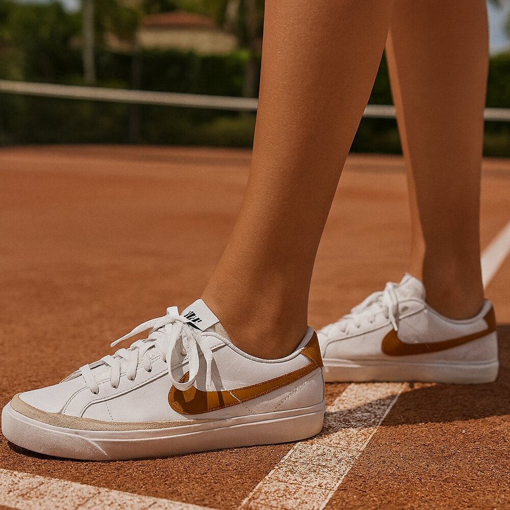 Nike 8.5 M Court Legacy White Sneakers with Gold Swoosh